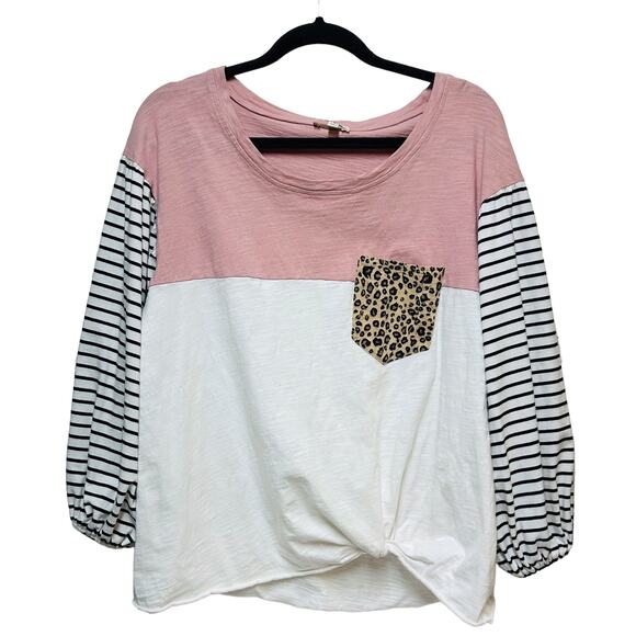 Umgee‎ Crew Neck Colorblock Pockets Oversized Twist Top Multicolor Women's SZ S - Picture 1 of 7